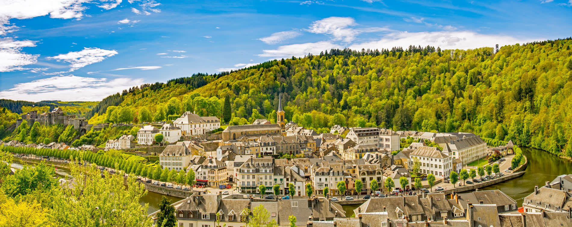 Panorama einer Stadt mit Kirchturm an einer Flussschleife, links eine Burg, dahinter ein bewaldeter Hang Panorama einer Stadt mit Kirchturm an einer Flussschleife, links eine Burg, dahinter ein bewaldeter Hang
